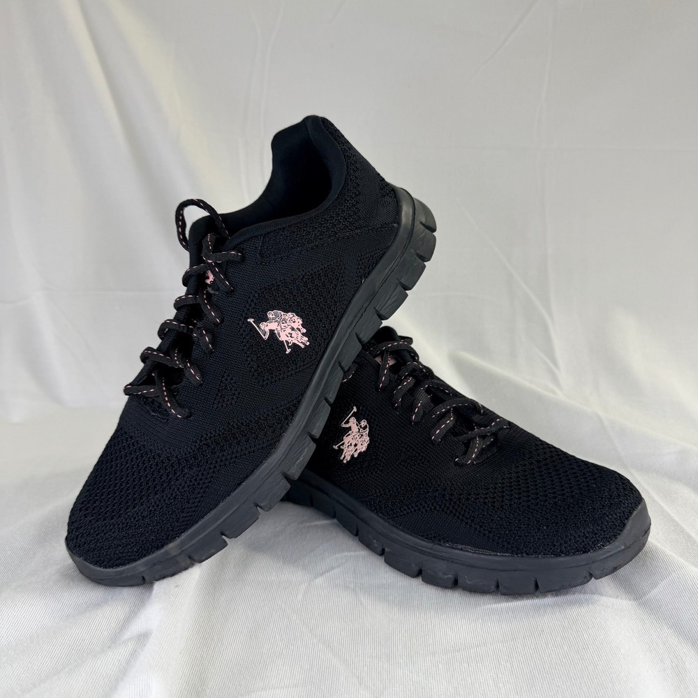 US Polo Assn Girls Knit Sneakers Black Pink Athletic Shoes Size 7M